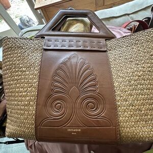 Brown Leather & Woven Tote Bag